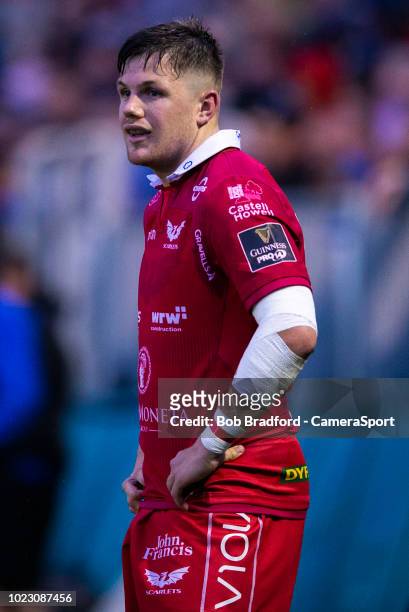 Scarlets' Steff Evans during the Premiership Rugby Pre-Season Friendly match between Bath and Scarlets at Recreation Ground on August 24, 2018 in...