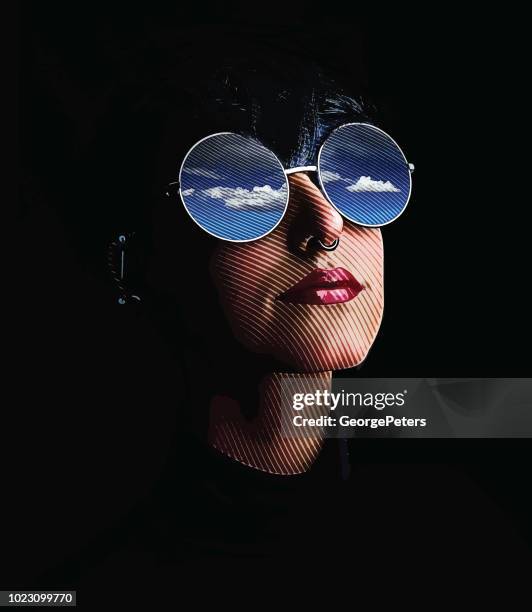 close up of woman, sunglasses and reflection of sky and clouds - sunglasses woman stock illustrations