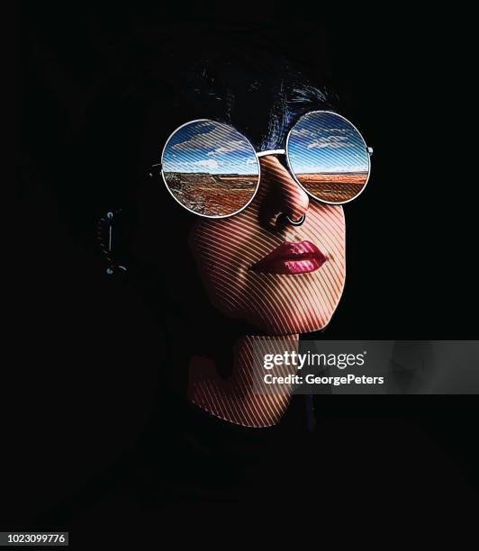 multiple exposure of woman, sunglasses and reflection of the salt wash, san rafael swell - sunglasses reflection stock illustrations