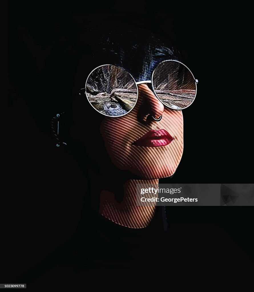 Multiple exposure of woman, sunglasses and The Narrows hiking trail, Zion National Park