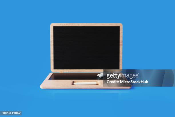 laptop, geprägt von blackboard auf blauem hintergrund - vintage stock illustrations stock-fotos und bilder