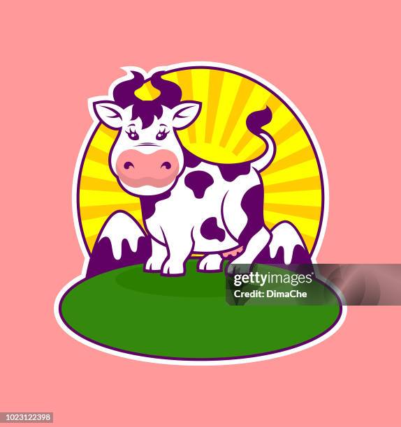 cartoon cow character on background with sun and stylized mountains - holstein friesian cattle stock illustrations