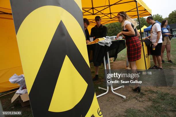 The logo of the Identitarian Movement stands at a gathering entitled "Europa Nostra" and hosted by the Identitarian Movement on August 25, 2018 in...