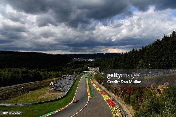 General view of Daniel Ricciardo of Australia driving the Aston Martin Red Bull Racing RB14 TAG Heuer on track during qualifying for the Formula One...