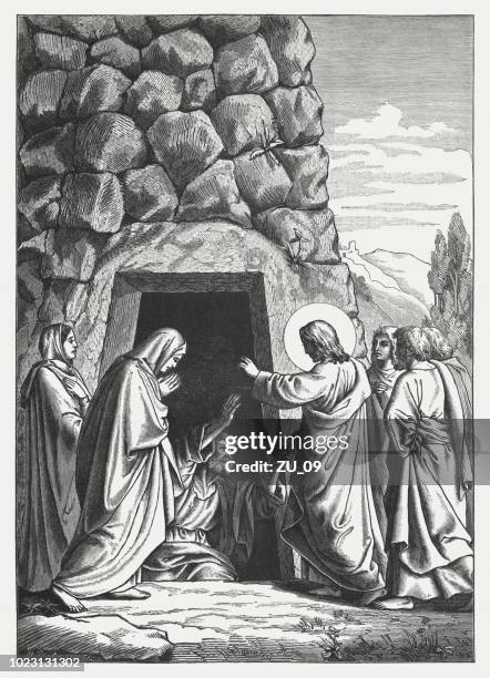 jesus raises lazarus (john 11, 44), wood engraving, published 1888 - resurrection tomb stock illustrations