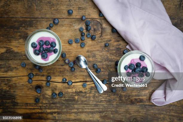 blueberry yogurt curd dessert on wood - quark stock-fotos und bilder