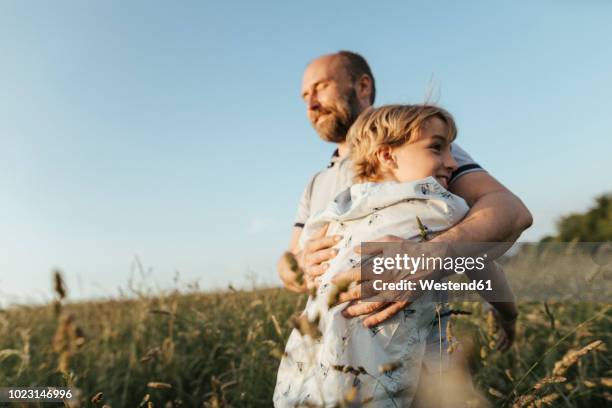 father and son standing on a meadow hugging each other - 庇護者 ストックフォトと画像