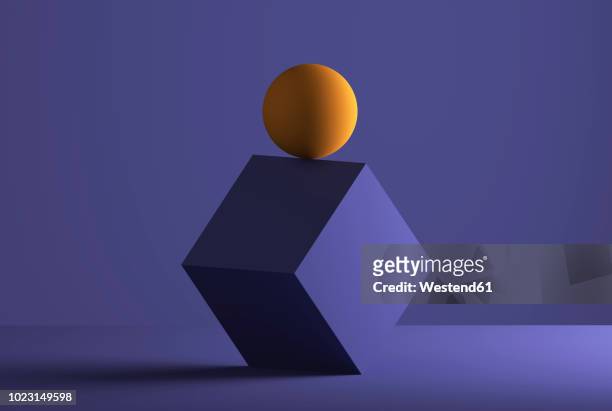 sphere balancing on the edge of a cube, 3d rendering - farbiger hintergrund stock-grafiken, -clipart, -cartoons und -symbole