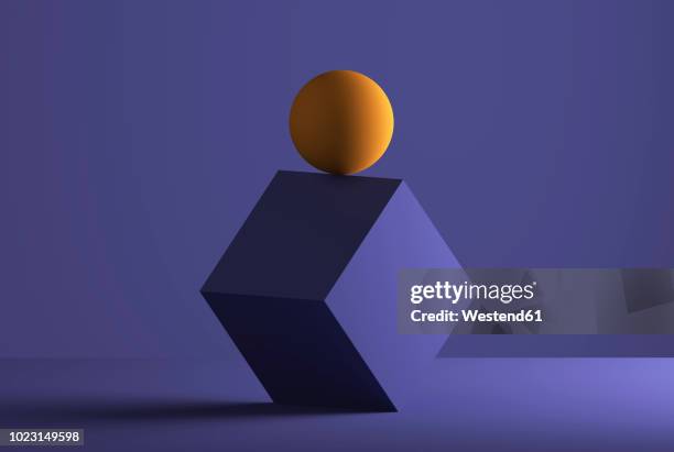 ilustraciones, imágenes clip art, dibujos animados e iconos de stock de sphere balancing on the edge of a cube, 3d rendering - two objects