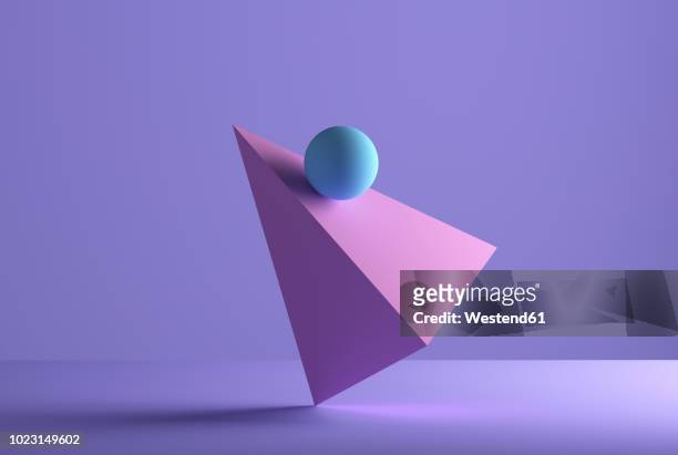 stockillustraties, clipart, cartoons en iconen met sphere balancing on a pyramid, 3d rendering - purple background