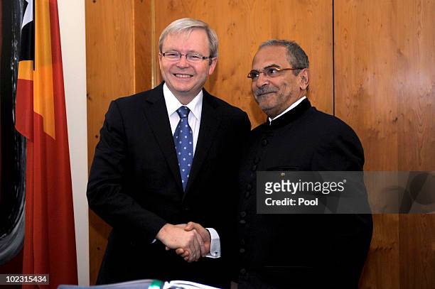 Dr Jose Ramos-Horta, President of the Democratic Republic of Timor-Leste and Australian Prime Minister Kevin Rudd shake hands after signing the...