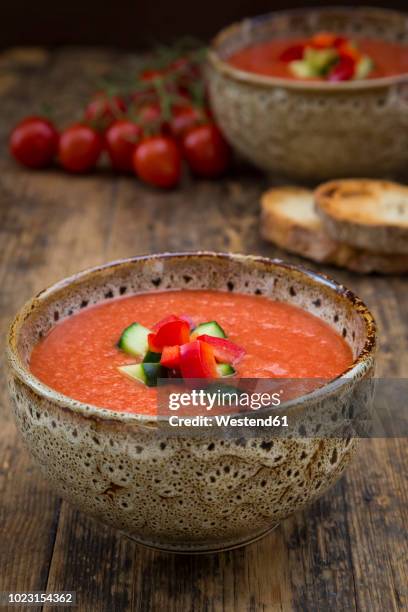 gazpacho with cucumber and paprika topping - gazpacho stock pictures, royalty-free photos & images