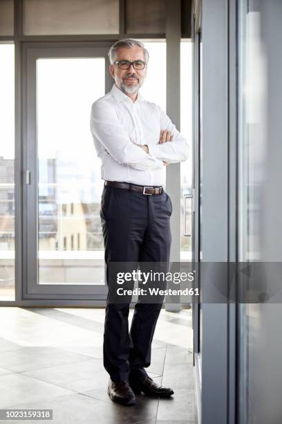 portrait of smiling businessman standing at the window - business man standing stock-fotos und bilder