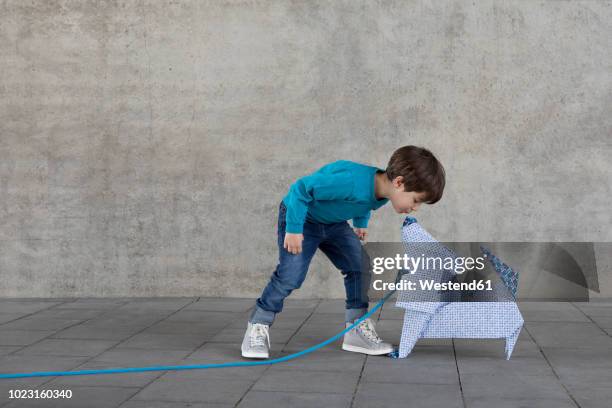 little boy kissing origami dog - boy with dog stock-fotos und bilder