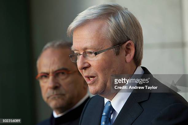 Dr Jose Ramos-Horta, President of the Democratic Republic of Timor-Leste and Kevin Rudd, the Australian Prime Minister speaks during a press...