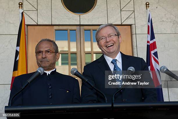 Dr Jose Ramos-Horta, President of the Democratic Republic of Timor-Leste and Kevin Rudd, the Australian Prime Minister speaks during a press...