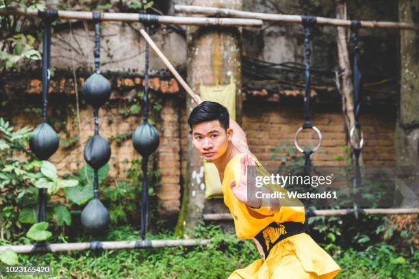 vietnam, hanoi, young man exercising kung fu - kung fu fotografías e imágenes de stock