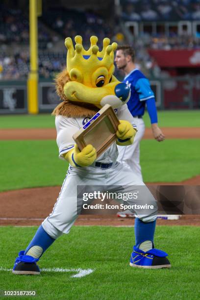 Kansas City Royals mascot slugger during the MLB game against the Cleveland Indians on August 24, 2018 at Kauffman Stadium in Kansas City, Missouri.