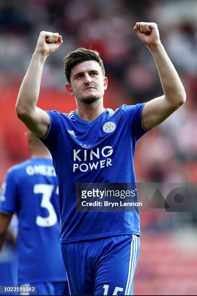 Harry Maguire of Leicester City shows appreciation to the fans after the Premier League match between Southampton FC and Leicester City at St Mary's...