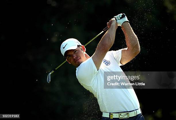 Paul Casey of England sports an England football shirt ahead of the World Cup football game today between England and Slovenia pictured during the...