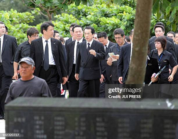 Japanese Prime Minister Naoto Kan visits the Peace Memorial park in Itoman city, Japan's southernmost island Okinawa as he attends the commemoration...