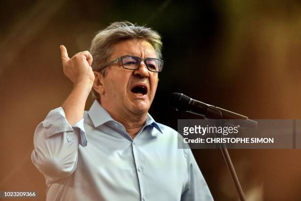 French leftist La France Insoumise party's leader and member of Parliament, Jean-Luc Melenchon, gestures as he delivers a speech during the LFI...