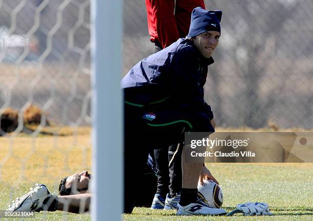 Federico Marchetti of Italy stretches during an Italy training session at the 2010 FIFA World Cup on June 23, 2010 in Centurion, South Africa.