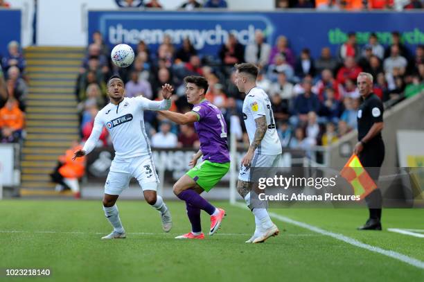 Martin Olsson of Swansea City vies for possession with Callum O'Dowda of Bristol City during the Sky Bet Championship match between Swansea City and...