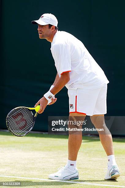 Jonathan Erlich of Israel in action during his first round doubles match on Day Three of the Wimbledon Lawn Tennis Championships at the All England...