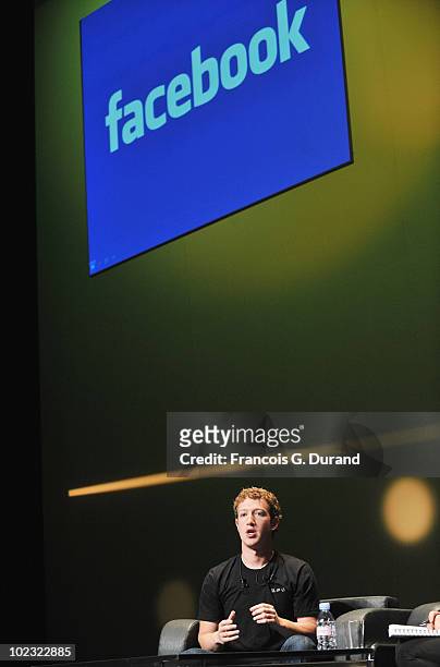 Of Facebook Mark Zuckerberg gives a speech during the Facebook seminar as part of the 57th International Advertising Festival held at the Palais des...