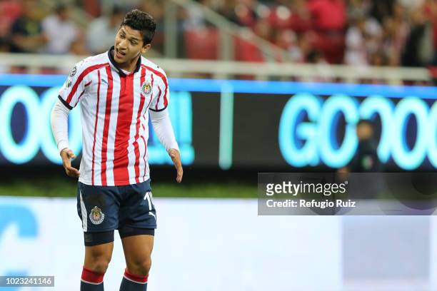 Angel Zaldivar of Chivas celebrates after scoring the first goal of his team during the 6th round match between Chivas and Necaxa as part of the...