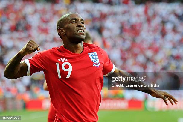 Jermain Defoe of England celebrates scoring the opening goal during the 2010 FIFA World Cup South Africa Group C match between Slovenia and England...