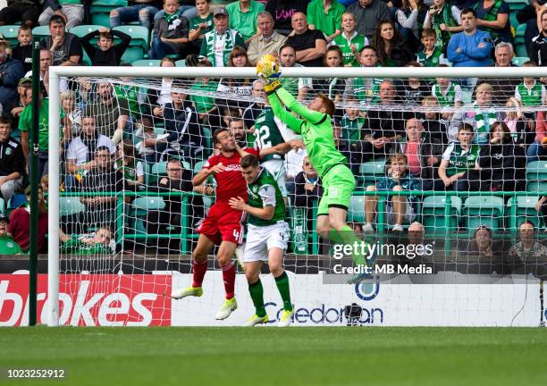 Hibs goalkeeper, Adam Bogdan, gathers the ball during the first half as Hibernian play host to Aberdeen at Easter Road on August 25, 2018 in...