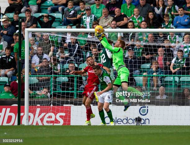 Hibs goalkeeper, Adam Bogdan, gathers the ball during the first half as Hibernian play host to Aberdeen at Easter Road on August 25, 2018 in...