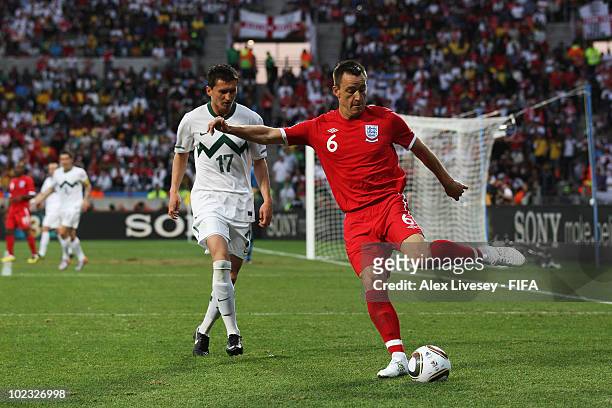 John Terry of England clears the ball under pressure from Andraz Kirm of Slovenia during the 2010 FIFA World Cup South Africa Group C match between...