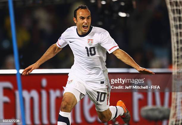 Landon Donovan of the United States celebrates after scoring the winning goal against Algeria during the 2010 FIFA World Cup South Africa Group C...