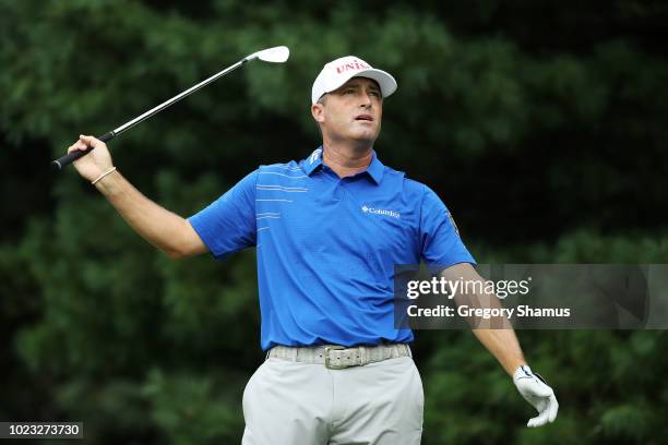 Ryan Palmer of the United States plays his shot from the second tee during the third round of The Northern Trust on August 25, 2018 at the Ridgewood...