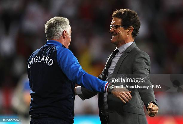 Fabio Capello manager of England celebrates victory after the 2010 FIFA World Cup South Africa Group C match between Slovenia and England at the...