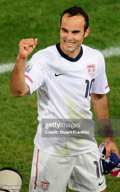 Landon Donovan of the United States celebrates the victory that sends the USA through to the second round in the 2010 FIFA World Cup South Africa...