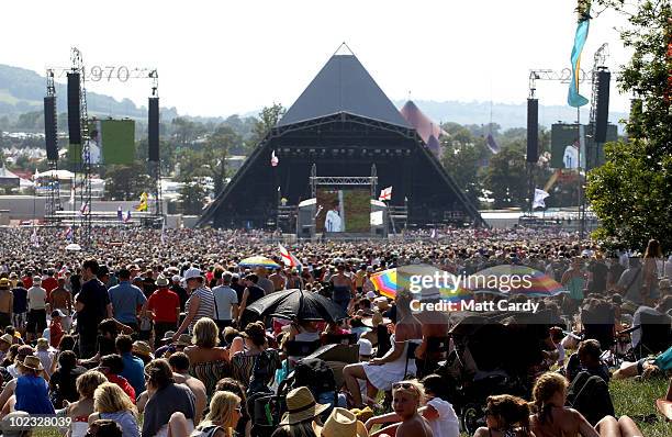 The Glastonbury Festival crowd celebrate England's goal on a giant screen during their World Cup match that is being shown on the main stage screens...