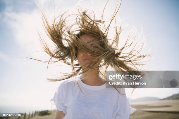 genießen sie die frische seeluft - hair flying stock-fotos und bilder