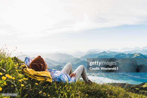 austria, salzkammergut, hiker taking a break, looking over the alps - salzkammergut - fotografias e filmes do acervo