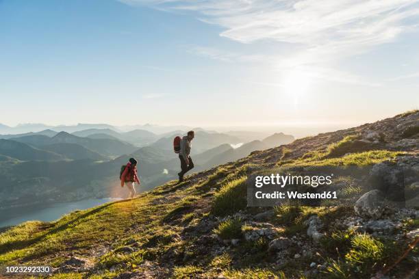 austria, salzkammergut, couple hiking in the mountains - montañismo fotografías e imágenes de stock