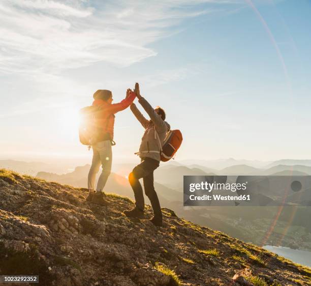 austria, salzkammergut, cheering couple reaching mountain summit - bergsteiger gipfel stock-fotos und bilder