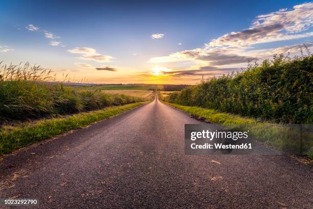 uk, scotland, east lothian, empty country road at sunset - strada di campagna foto e immagini stock