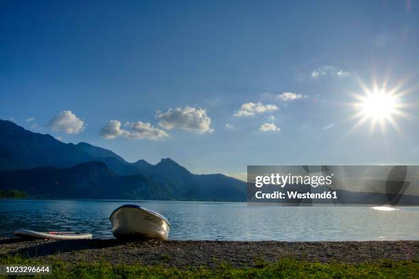 germany, bavaria, upper bavaria, heimgarten, kochelsee, boat and paddleboard at lakeshore against the sun - orilla del lago fotografías e imágenes de stock