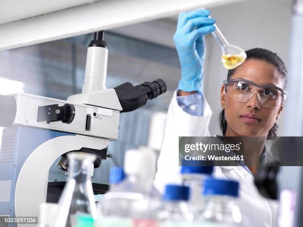 biotechnology research, female scientist mixing a chemical formula - liquid medical stock-fotos und bilder