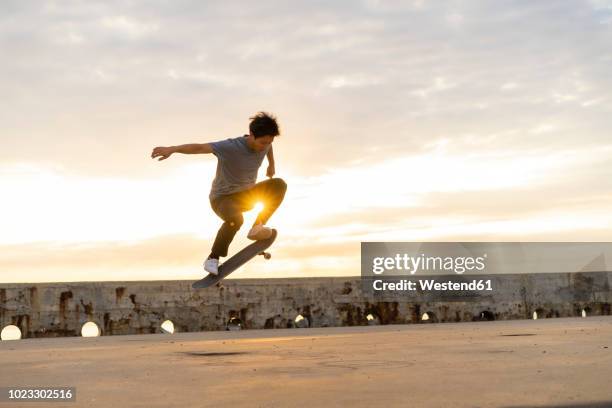 young chinese man skateboarding at sunsrise near the beach - exploit sportif photos et images de collection