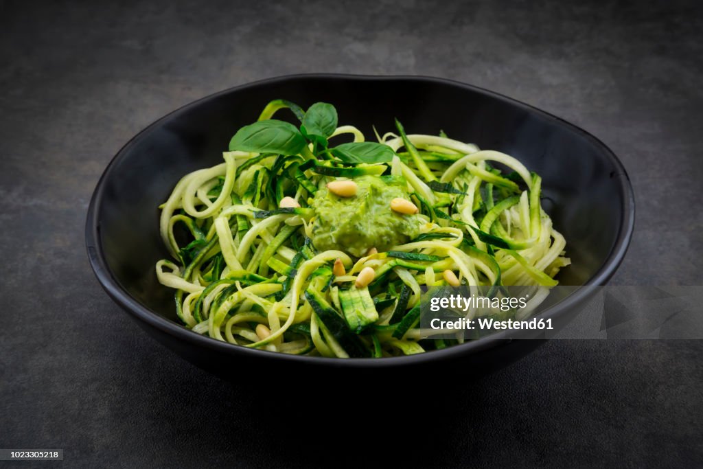 Bowl of Zoodels with avocado basil pesto