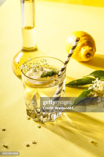 glass of homemade organic elder lemonade with slice of lemon - elderberry stock-fotos und bilder